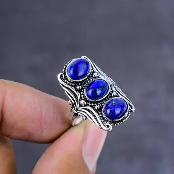 Кольцо из стерлингового серебра 925 пробы с натуральным лазуритом ручной работы, размер 7 Q6p35