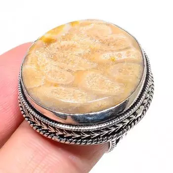 Кольцо из стерлингового серебра 925 пробы с натуральным ископаемым кораллом ручной работы, размер 7 d6p12