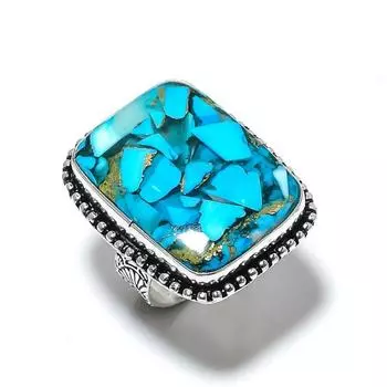Кольцо из стерлингового серебра 925 пробы с натуральным медным синим бирюзовым камнем, размер 8,5 i7O17