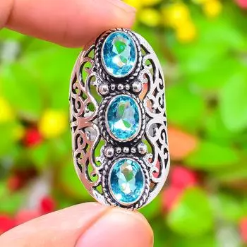 Кольцо из стерлингового серебра 925 пробы с натуральным синим топазом ручной работы, размер 10,5 s7b81