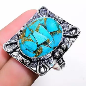 Кольцо из стерлингового серебра 925 пробы с натуральным медным синим бирюзовым камнем, размер 11,5 S2o67