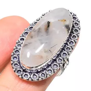 Кольцо из стерлингового серебра 925 пробы с натуральным черным рутилом ручной работы, размер 8 F2T12