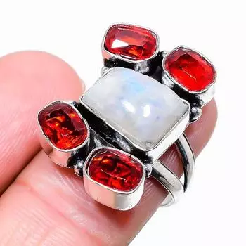 Кольцо из стерлингового серебра 925 пробы с натуральным лунным камнем и гранатом, размер 7,5 L0b71