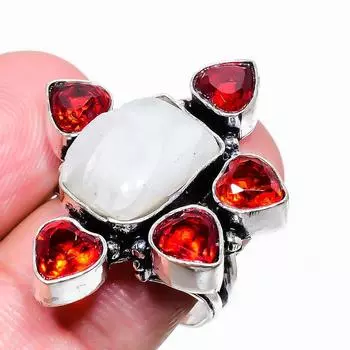 Кольцо из стерлингового серебра 925 пробы с натуральным радужным лунным камнем и гранатом, размер 9 Z6W13