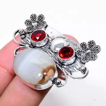 Кольцо из стерлингового серебра 925 пробы с натуральным ботсванским агатом и гранатом, размер 7,5 I9w26