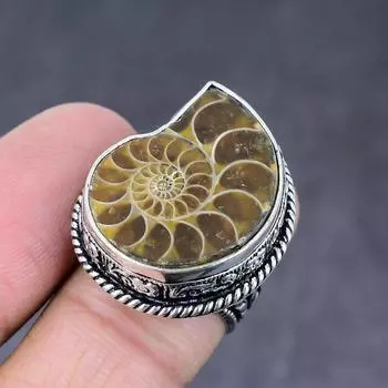 Кольцо из стерлингового серебра 925 пробы с натуральным аммонитом, ручной работы, размер 6 s5D96