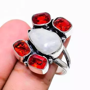 Кольцо из стерлингового серебра 925 пробы с натуральным радужным лунным камнем и гранатом, размер 8 s8d44