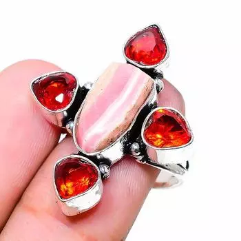 Кольцо из стерлингового серебра 925 пробы с натуральным родохрозитом и гранатом, размер 7 T3B23