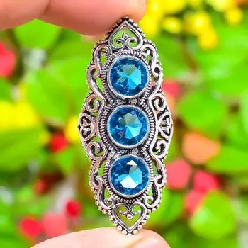 Кольцо из стерлингового серебра 925 пробы с натуральным синим топазом ручной работы, размер 10,5 a2Z12