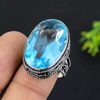 Кольцо из стерлингового серебра 925 пробы с натуральным синим топазом ручной работы, размер 9 l8d60