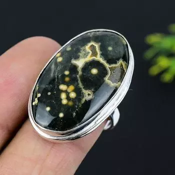 Кольцо из стерлингового серебра 925 пробы с натуральным камнем океанской яшмы ручной работы, размер 8 p9U94