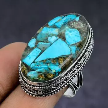 Кольцо из стерлингового серебра 925 пробы с натуральным медным драгоценным камнем хризоколла, размер 8,5 V4e44
