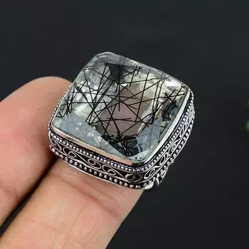 Кольцо из стерлингового серебра 925 пробы с натуральным черным рутилом ручной работы, размер 8,5 d8j76