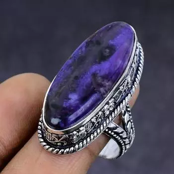 Кольцо из стерлингового серебра 925 пробы с натуральным российским чароитом, размер 9,5 V2B65