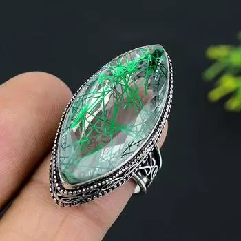 Кольцо из стерлингового серебра 925 пробы с натуральным зеленым рутилом ручной работы, размер 8 t2i76