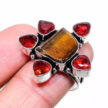 Кольцо из стерлингового серебра 925 пробы с натуральным тигровым глазом, грубым драгоценным камнем, гранатом, размер 8 V8n59