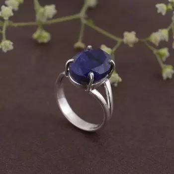 Кольцо из стерлингового серебра 925 пробы Кольцо из цельного камня Кольцо овальной огранки с натуральным голубым опалом Драгоценный камень 4,2 г 5