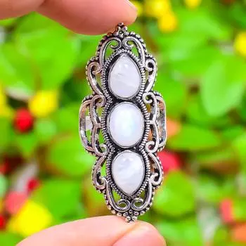 Кольцо из стерлингового серебра 925 пробы с натуральным радужным лунным камнем, размер 8,5 q8K05