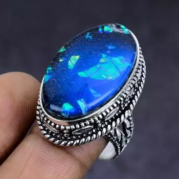 Кольцо из стерлингового серебра 925 пробы с натуральным синим тройным опалом, размер 8,5 C5n19