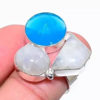 Кольцо из стерлингового серебра 925 пробы с натуральным радужным лунным камнем и голубым топазом S.7 J0q95