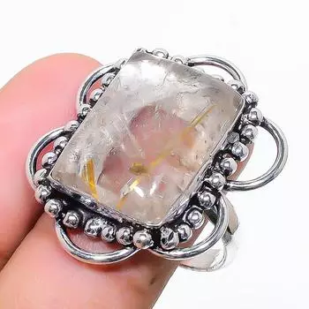 Кольцо из стерлингового серебра 925 пробы с натуральным золотым рутилом ручной работы, размер 8 H6P43