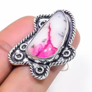 Кольцо из стерлингового серебра 925 пробы с натуральным розовым дендритовым драгоценным камнем, размер 7 z6b71