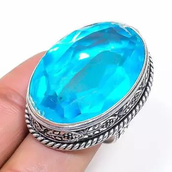 Кольцо из стерлингового серебра 925 пробы с натуральным швейцарским голубым топазом, размер 7 R2O10