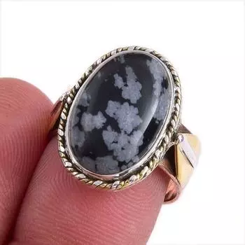Кольцо из стерлингового серебра 925 пробы с натуральным снежинком и обсидианом, двухцветное кольцо S.7 U8e55