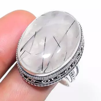 Кольцо из стерлингового серебра 925 пробы с натуральным черным рутилом, размер 10 S1f04