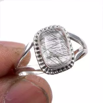 Кольцо из стерлингового серебра 925 пробы с натуральным черным рутиловым драгоценным камнем S.9.5 W8V71