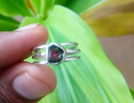 Кольцо из стерлингового серебра 925 пробы с натуральным арбузным турмалином, размер 5,5 США 5.5 US