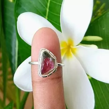 Кольцо из стерлингового серебра 925 пробы с необработанным арбузным турмалином, размер 7,5, подарок на день рождения 7.5 US