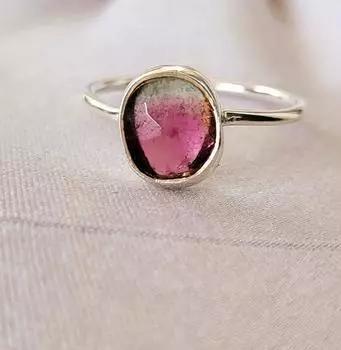 Кольцо из стерлингового серебра 925 пробы с натуральным двухцветным розовым турмалином, размер 7, США A49, подарок 7 US
