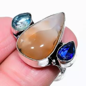 Кольцо из стерлингового серебра 925 пробы с натуральным русским дендритным камнем топазом, размер 8 H3c45