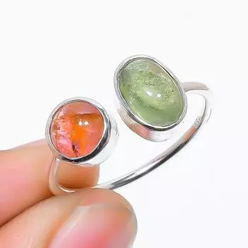 Кольцо из стерлингового серебра 925 пробы с натуральным би-оранжевым зеленым турмалином, размер 7,5 (США) 7.5 US