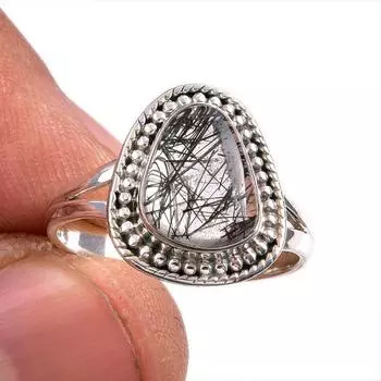 Кольцо из стерлингового серебра 925 пробы с натуральным черным рутилом, размер 7 m7z28