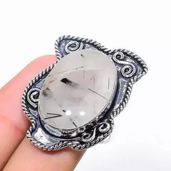 Кольцо из стерлингового серебра 925 пробы с натуральным черным рутилом ручной работы, размер 9 d1B38