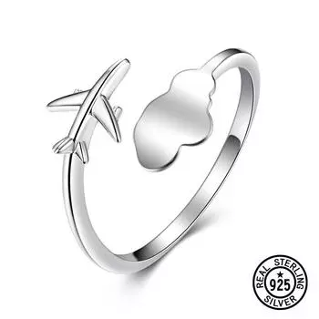 Кольцо из стерлингового серебра 925 пробы, регулируемое кольцо с изображением самолета и облака, свободный открытый размер, простые дорожные кольца для женщин и девочек, изящные ювелирные изделия Resizable