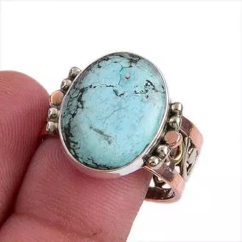 Кольцо из стерлингового серебра 925 пробы с натуральным тибетским бирюзовым камнем, двухцветное кольцо, размер 9, F1d73
