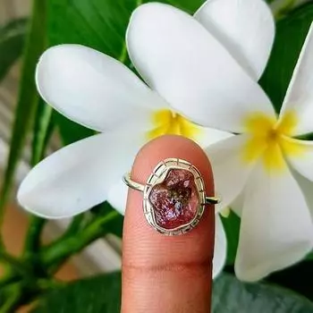 Кольцо из стерлингового серебра 925 пробы с необработанным арбузным турмалином, размер 6, рождественский подарок 6 US