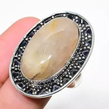 Кольцо из стерлингового серебра 925 пробы с натуральным золотым рутилом ручной работы, размер 9 Q7R61