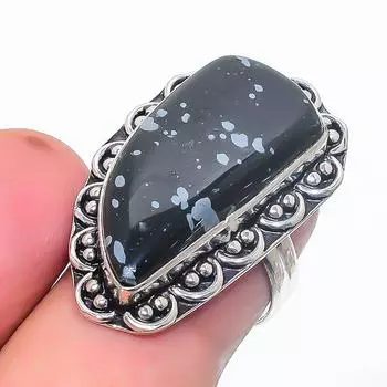 Кольцо из стерлингового серебра 925 пробы с натуральным обсидианом в виде снежинки, размер 6,5 O7j50