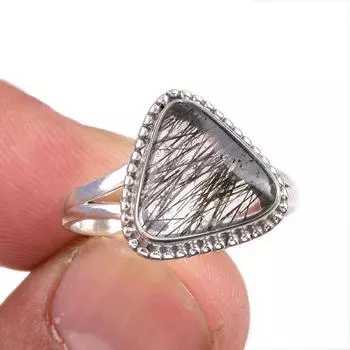 Кольцо из стерлингового серебра 925 пробы с натуральным черным рутиловым камнем S.8.5 H7k04