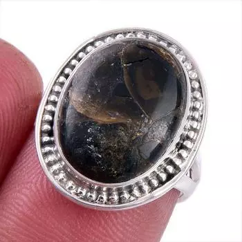 Кольцо из стерлингового серебра 925 пробы с натуральным черным медным бирюзовым камнем S.6 d8U05