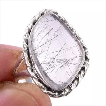 Кольцо из стерлингового серебра 925 пробы с натуральным черным рутилом, размер 6 U7V19