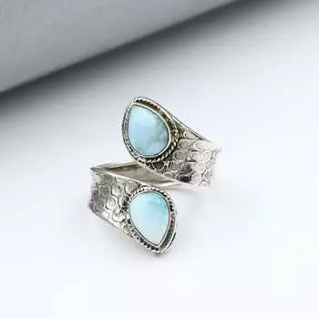 Кольцо из стерлингового серебра 925 пробы с натуральным камнем-ларимаром, эффектное кольцо, богемное кольцо 6
