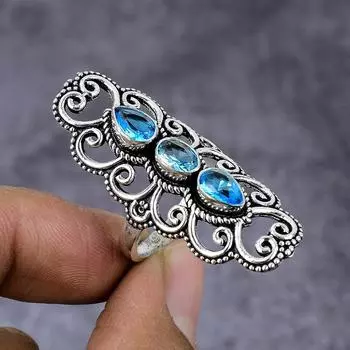 Кольцо из стерлингового серебра 925 пробы с натуральным синим топазом ручной работы, размер 10 F6P36