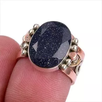 Кольцо из стерлингового серебра 925 пробы с натуральным синим солнечным камнем, двухцветное кольцо, размер 5,5 b5D10