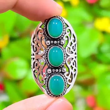 Кольцо из стерлингового серебра 925 пробы с натуральным зеленым ониксом ручной работы, размер 10,5 C1L69