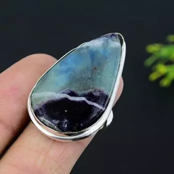 Кольцо из стерлингового серебра 925 пробы с натуральным драгоценным камнем флюорит ручной работы, размер 7,5 F0y95